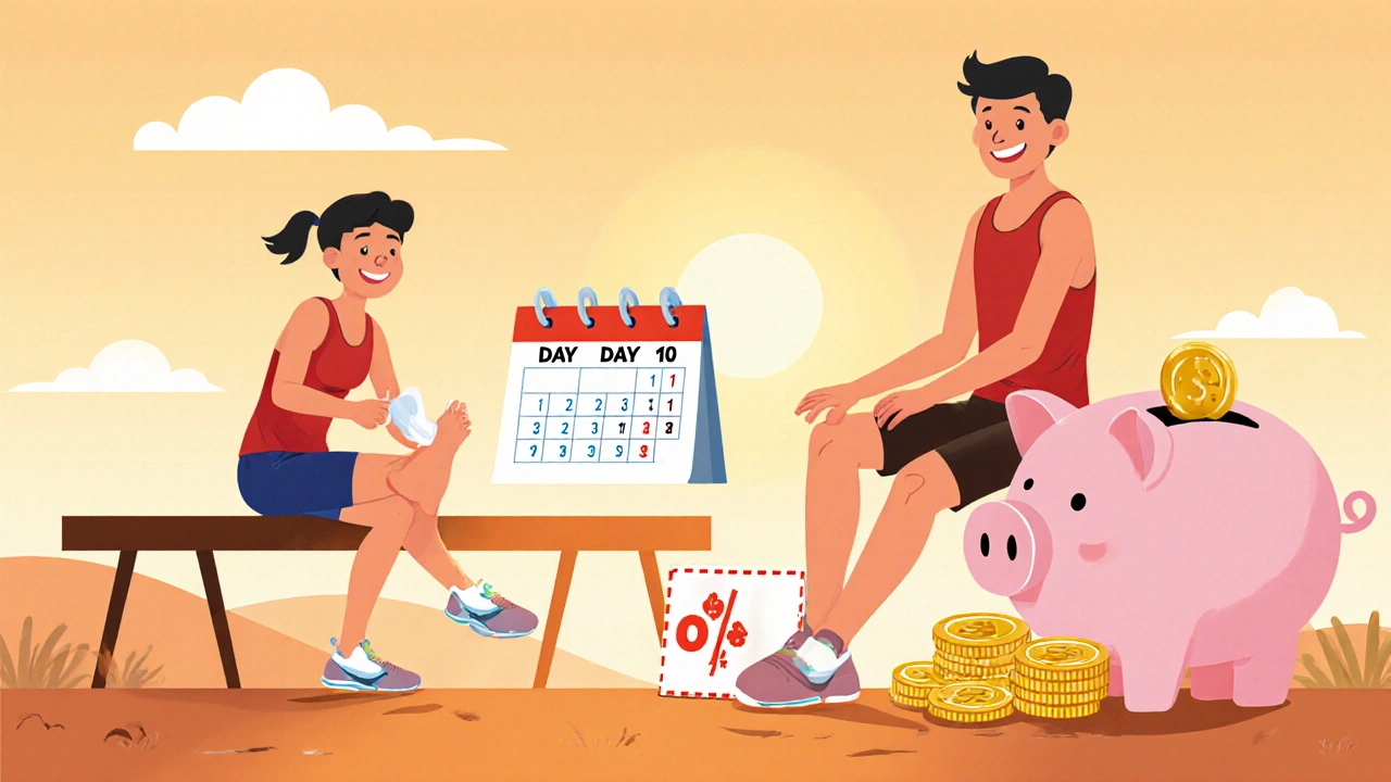 Atleta aplicando luliconazol, con calendario y alcancía que indican recuperación rápida y ahorro.