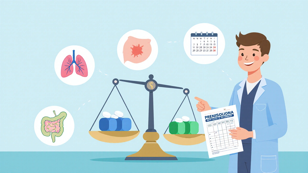 Balanza comparando prednisolona y prednisona rodeada de íconos de asma, artritis, dermatitis y colitis, con médico orientando la dosis.