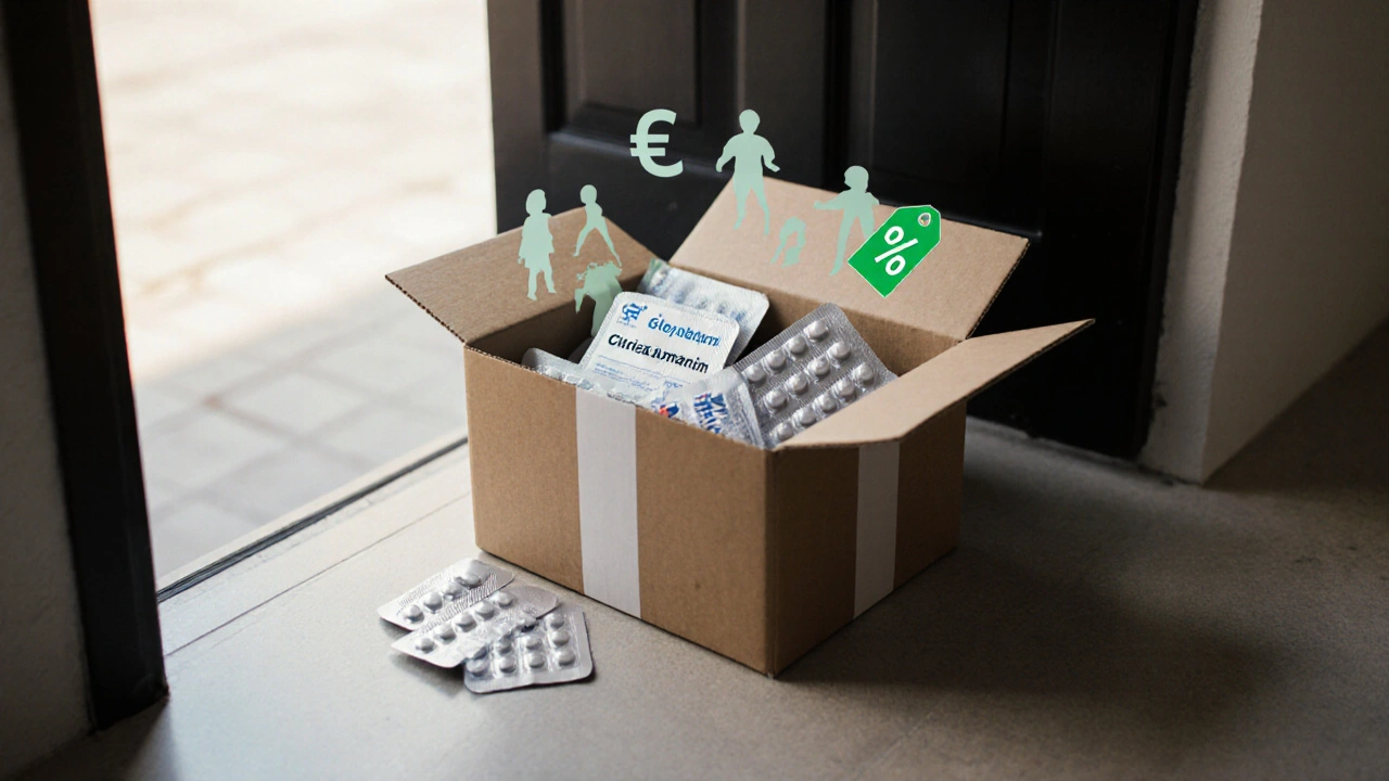 Caja discreta entregada en puerta con paquetes de citalopram genérico y símbolos de ahorro.