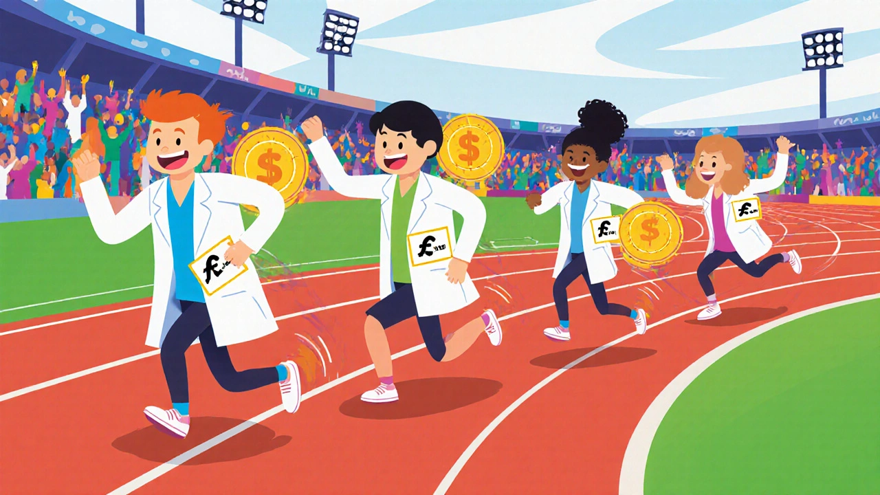 Carrera de personajes de crema antifúngica mostrando diferencias de precio y velocidad de curación.