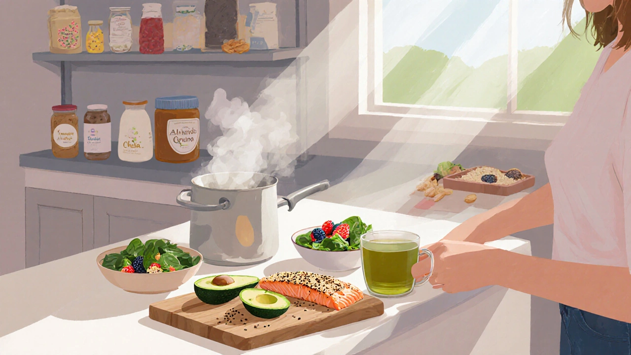 Cocina cálida donde se preparan salmón a la plancha, quinoa, aguacate, té verde y yogur con chía, mostrando una rutina saludable.