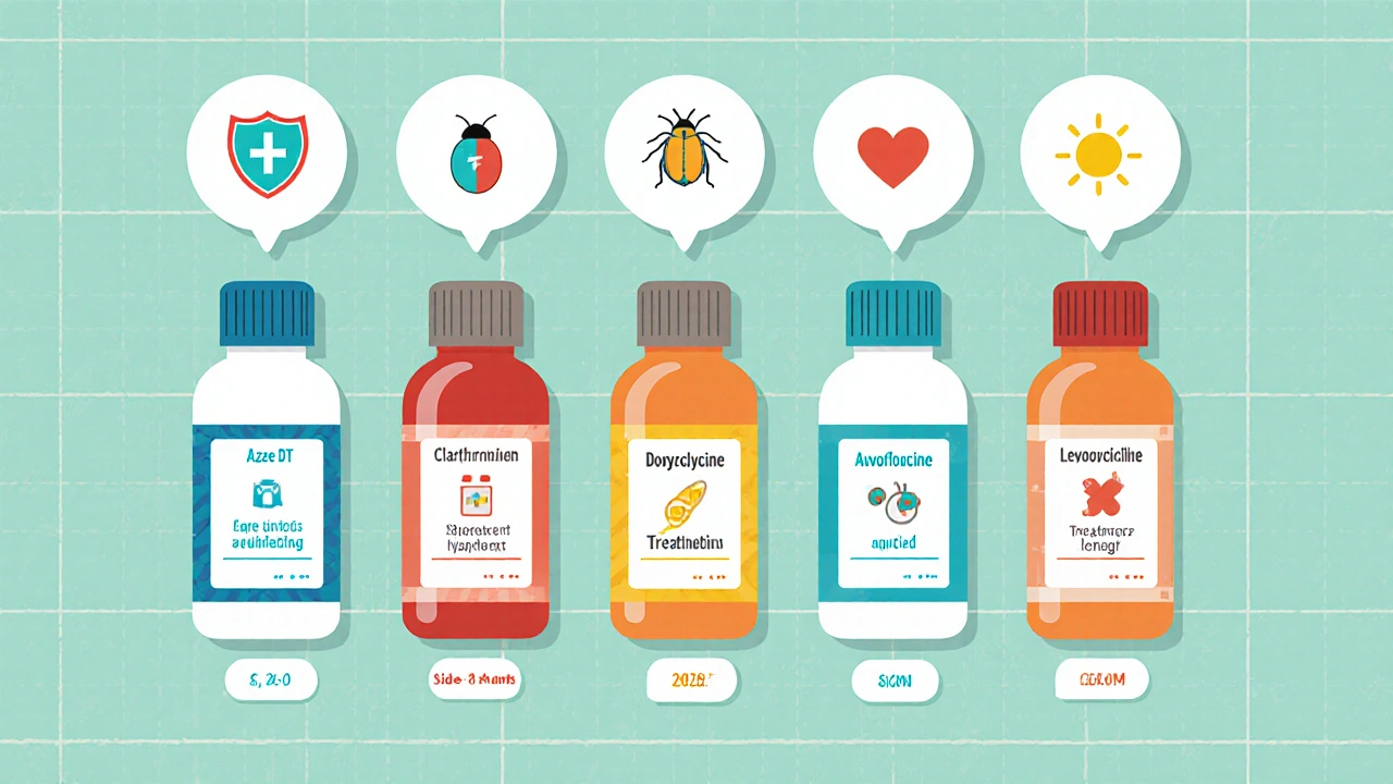 Comparación visual de cinco antibióticos con sus dosis, duración y efectos secundarios en estilo plano.