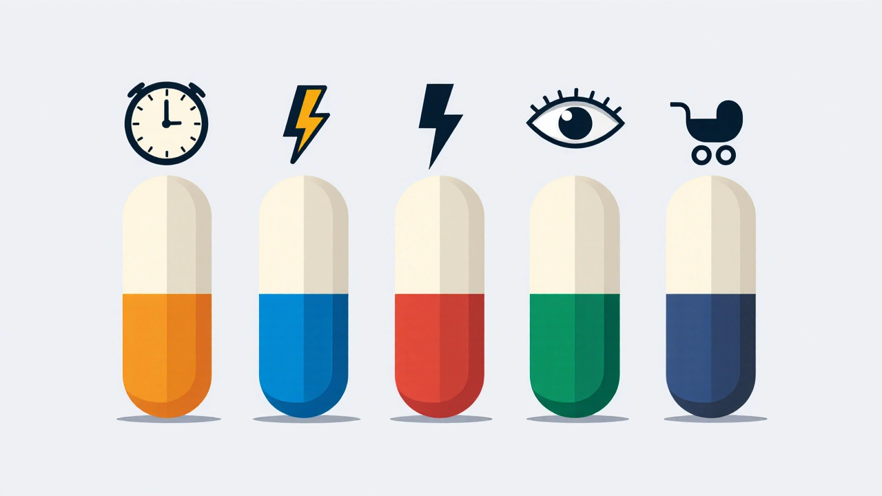 Comparación visual de cinco antihistamínicos con iconos de duración, rapidez y somnolencia.