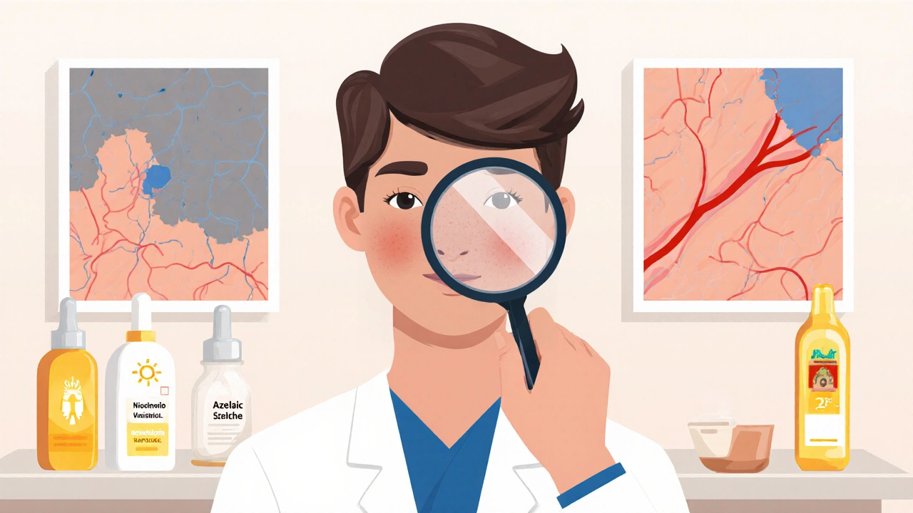 Dermatólogo examina la piel de un adolescente con lupa, mostrando efectos secundarios y alternativas seguras alrededor.