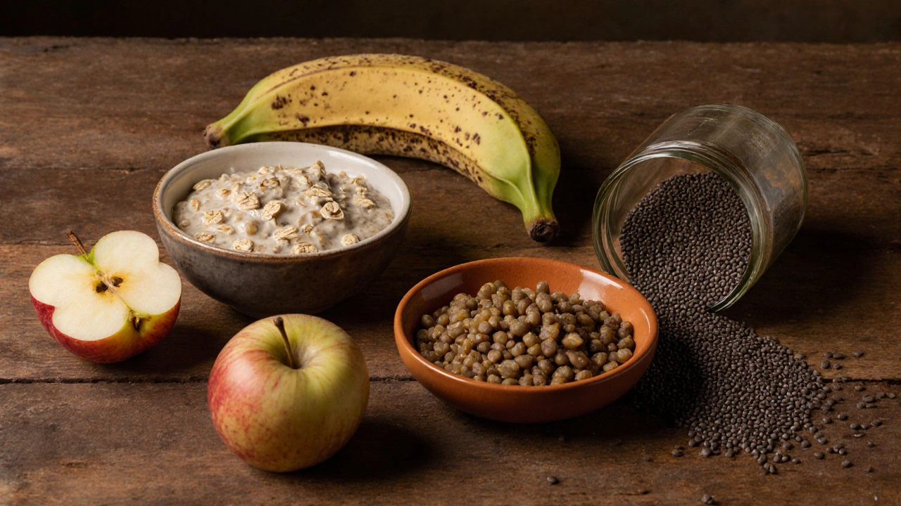 Desayuno con avena, lentejas, manzana con piel, plátano verde y semillas de chía sobre una mesa rústica.