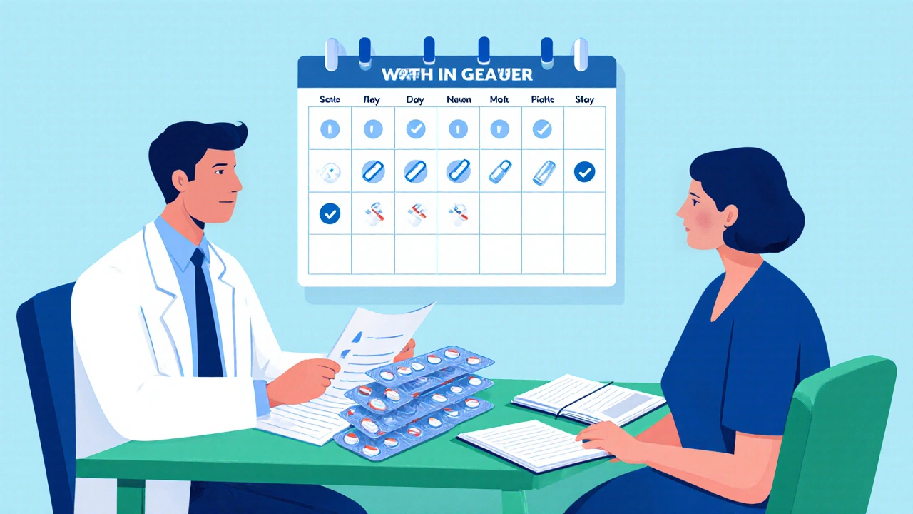 Doctor y paciente con calendario, pastillas disminuyendo y diario de síntomas.