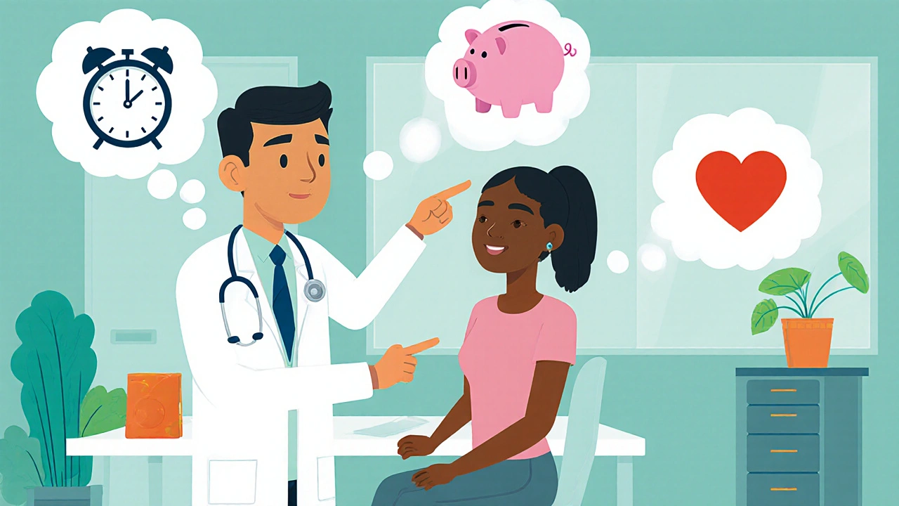 Doctor y paciente discutiendo opciones; burbujas muestran prioridad de estar despierto, bajo presupuesto y alivio rápido.