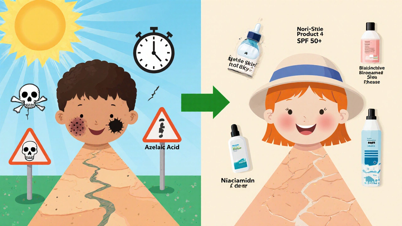 Dos caminos: uno con riesgos y otro con tratamientos seguros, comparando piel dañada y piel sana bajo luz natural.