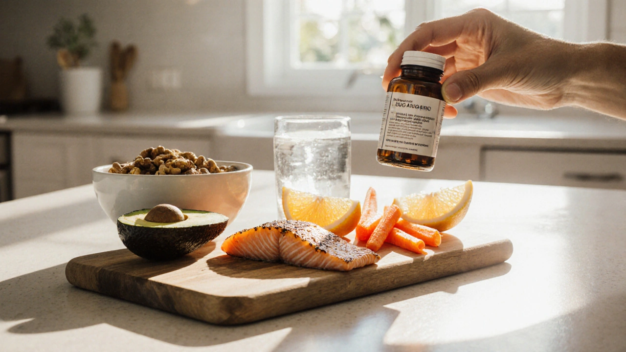 Escena de cocina luminosa con alimentos ricos en vitaminas y suplemento, evocando cuidado de la piel