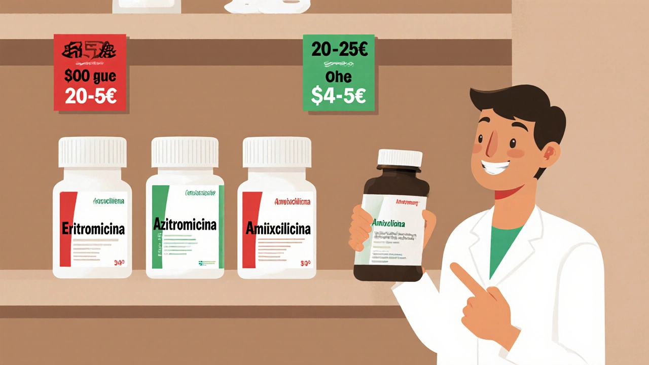 Estantería de farmacia en España con tres antibióticos y sus precios, destacando la eritromicina más económica.