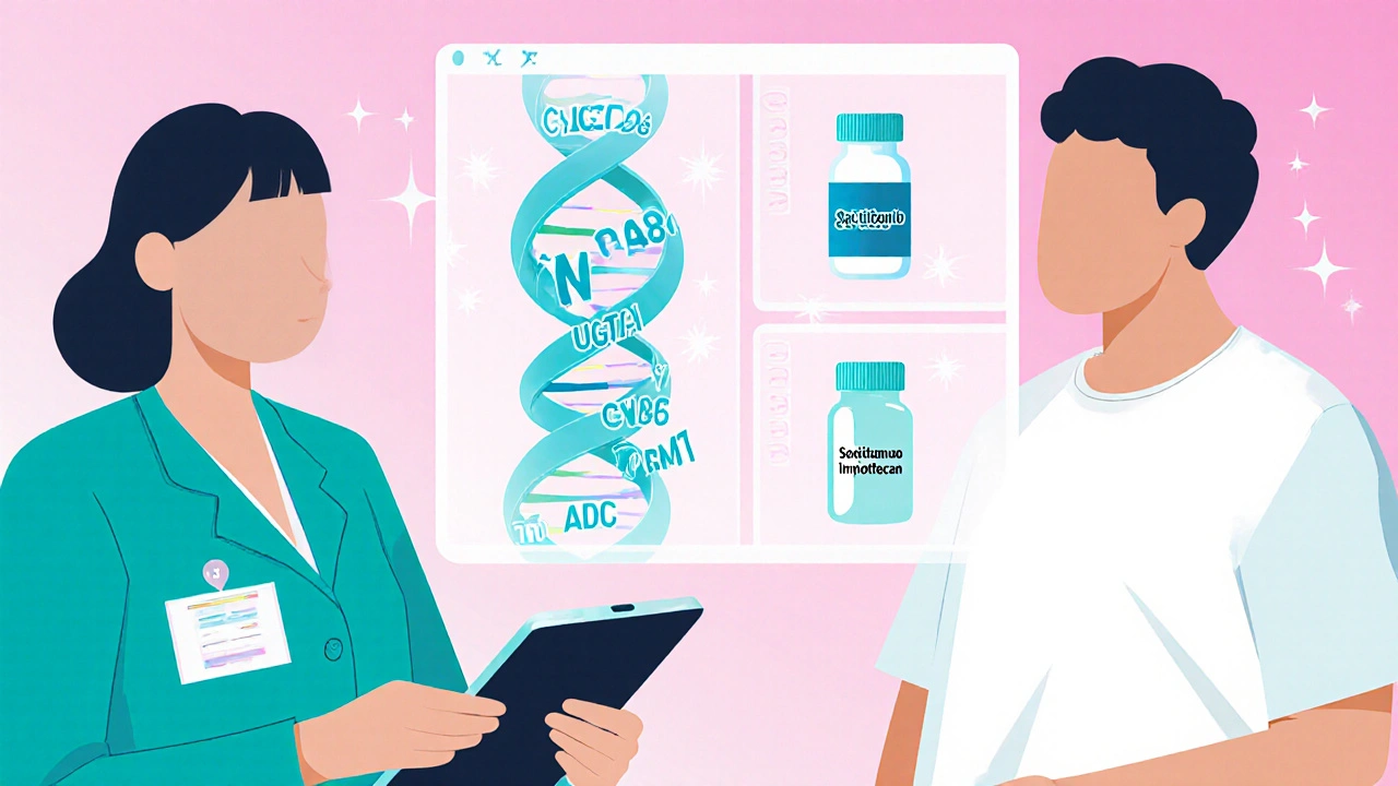 Farmacéutico usando perfil genético para personalizar tratamiento oncológico.