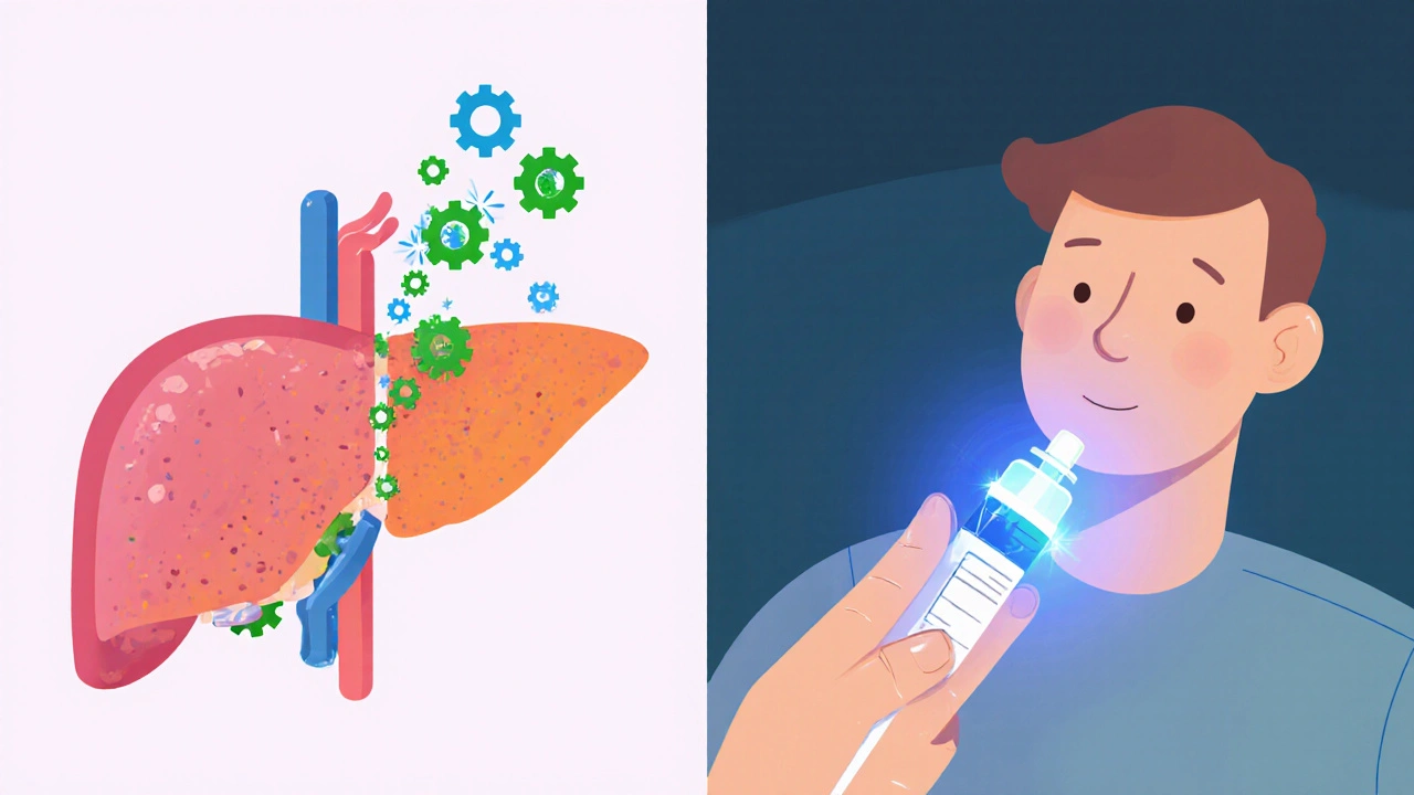 Hígado con engranajes convirtiendo pastillas verdes de prednisona en azules de prednisolona, y paciente recibiendo prednisolona por vía IV.