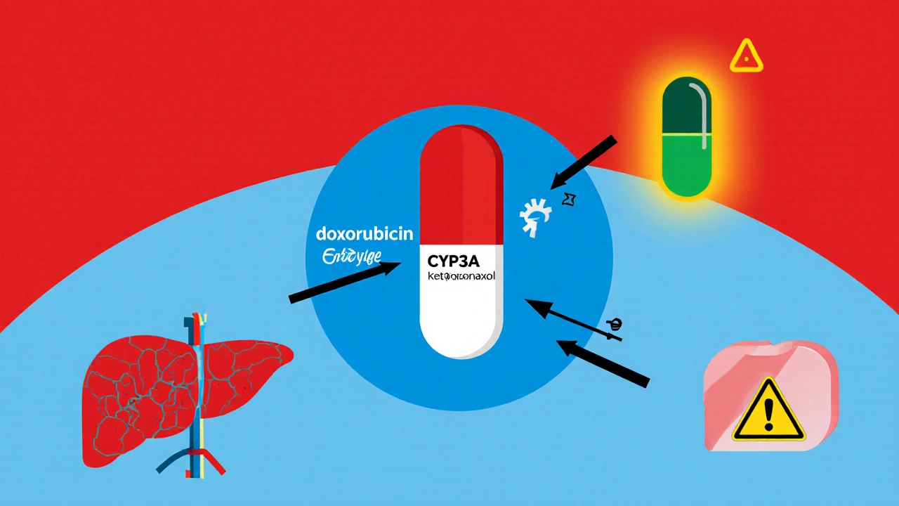Ilustración de interacciones farmacológicas entre quimioterapia y medicamentos inhibidores.