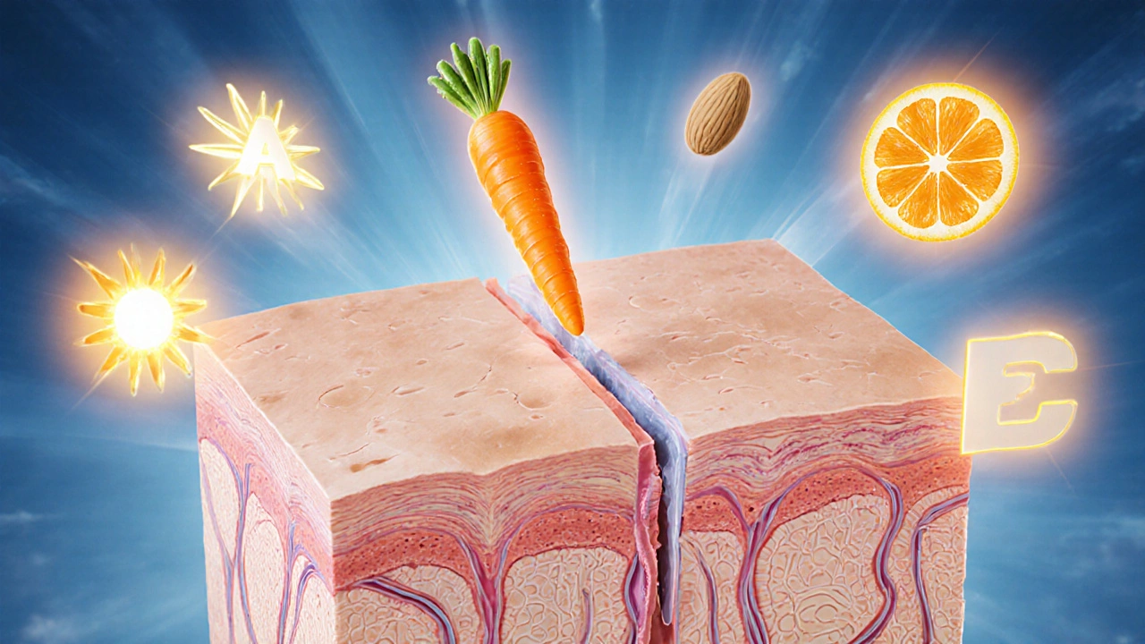 Ilustración de piel con vitaminas D, A, C y E flotando alrededor, mostrando barrera saludable