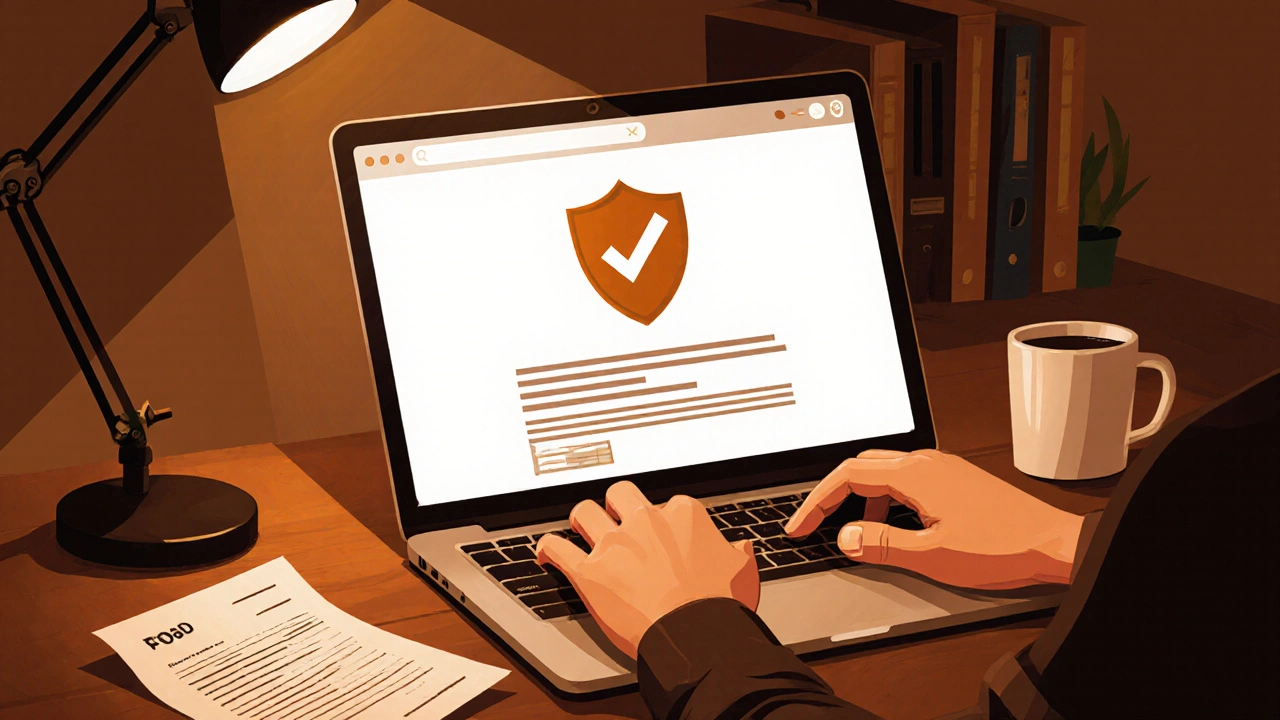 Manos usando laptop con ícono de escudo y receta, simbolizando verificación segura en casa.