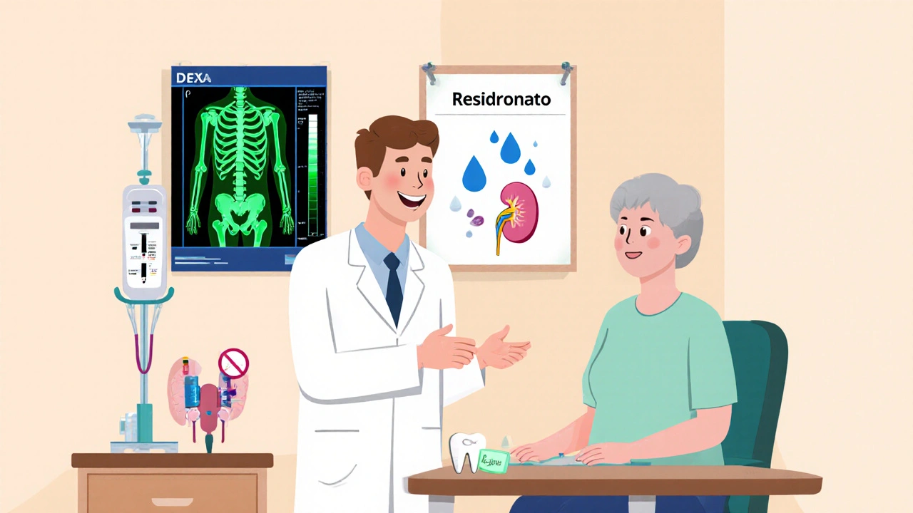 Médico y paciente con escáner DEXA, suplementos de calcio y vitamina D, estilo plano.