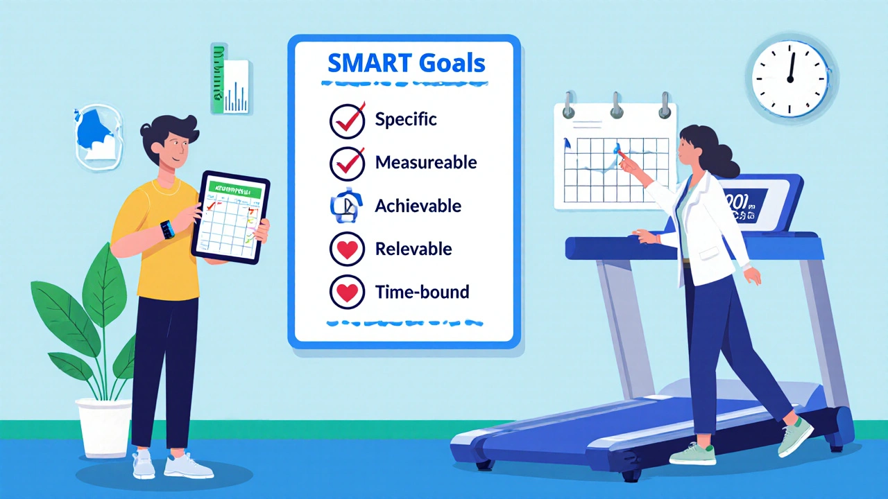 Mesa con lista de metas SMART, paciente con rastreador y fisioterapeuta señalando progreso.