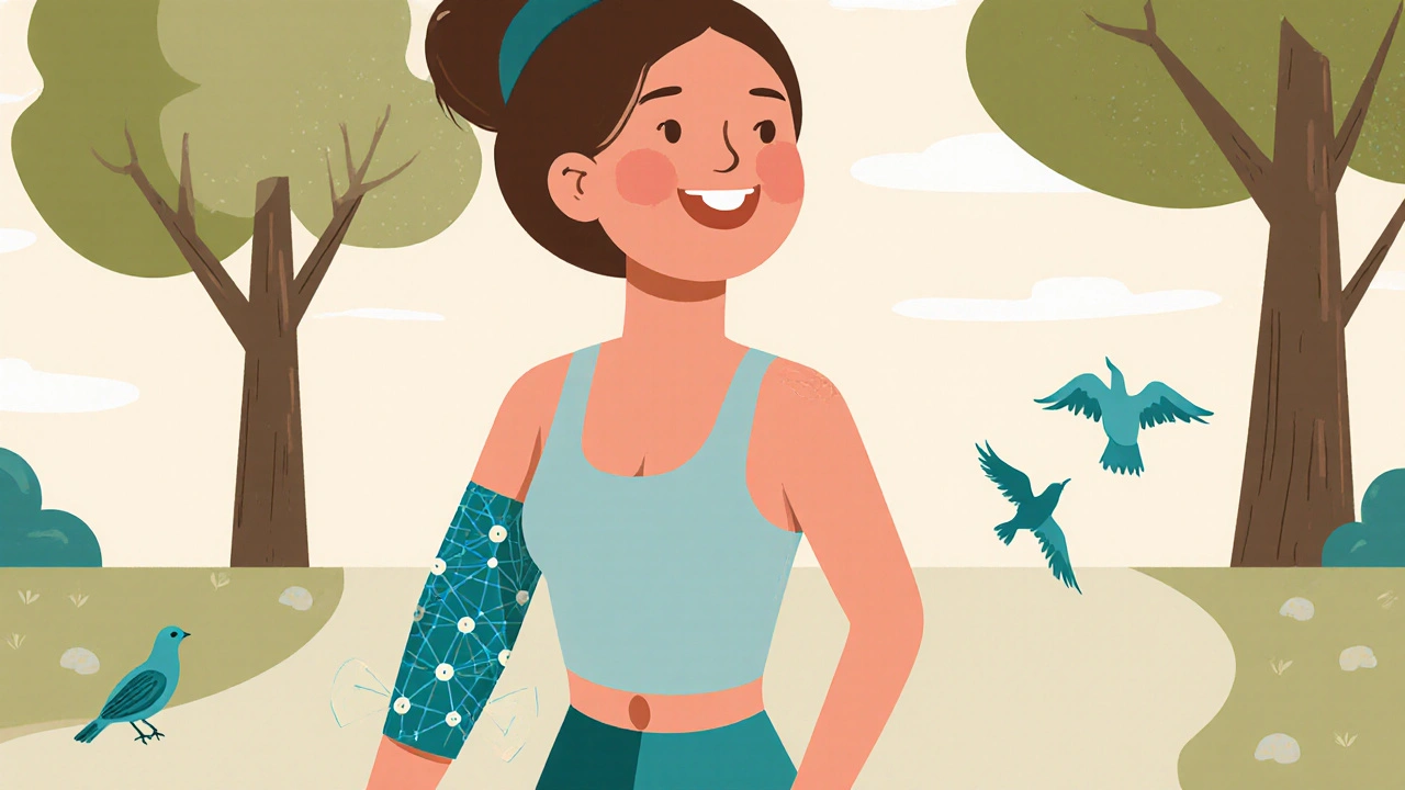 Mujer caminando en un parque con una manga de compresión, rodeada de naturaleza y un sistema linfático suave brillando.