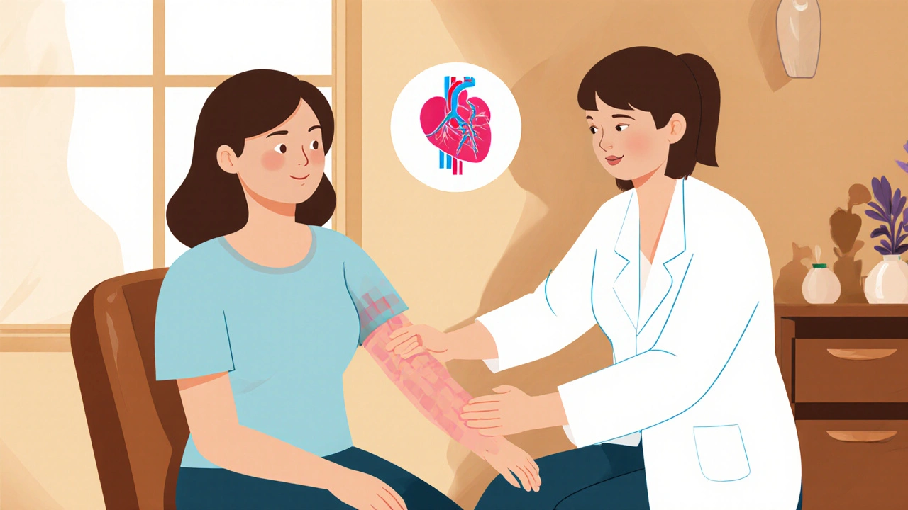 Mujer recibiendo drenaje linfático manual de una fisioterapeuta en un entorno cálido y acogedor.