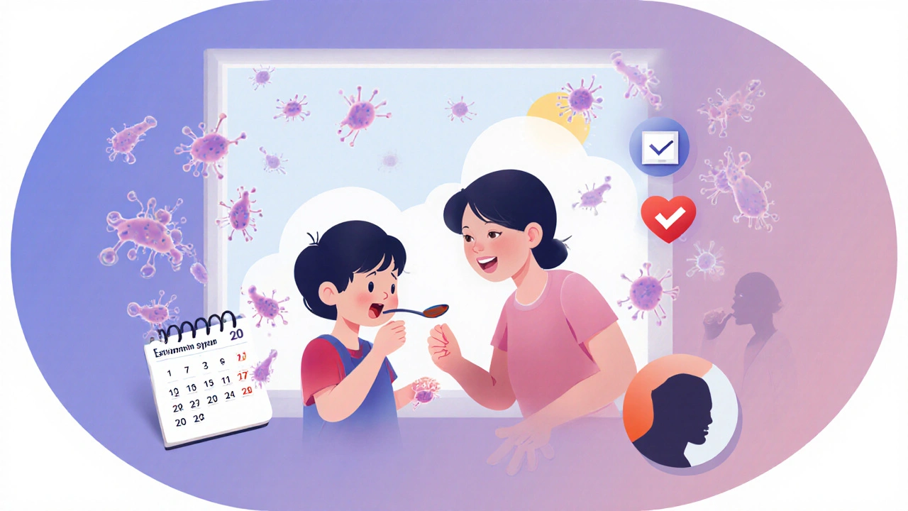 Niño tomando jarabe de eritromicina mientras las bacterias se debilitan a su alrededor.