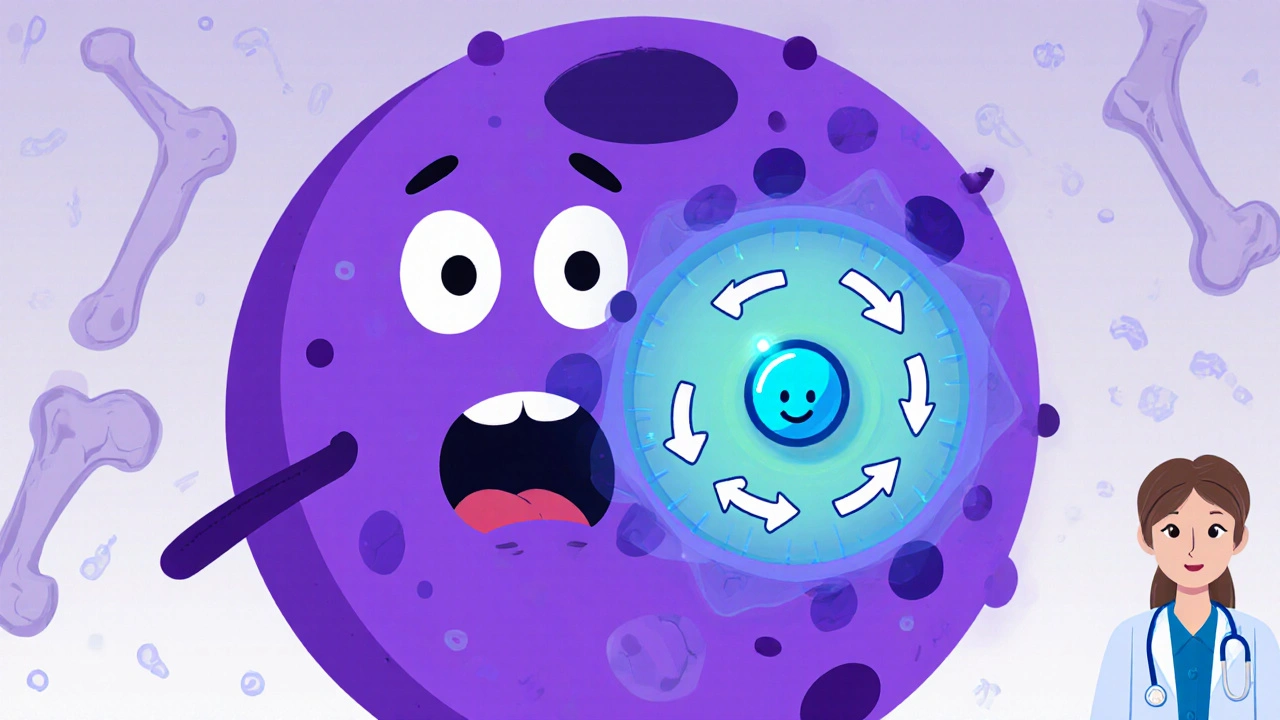 Osteoclasto absorbiendo residronato y activando apoptosis en ilustración plana.
