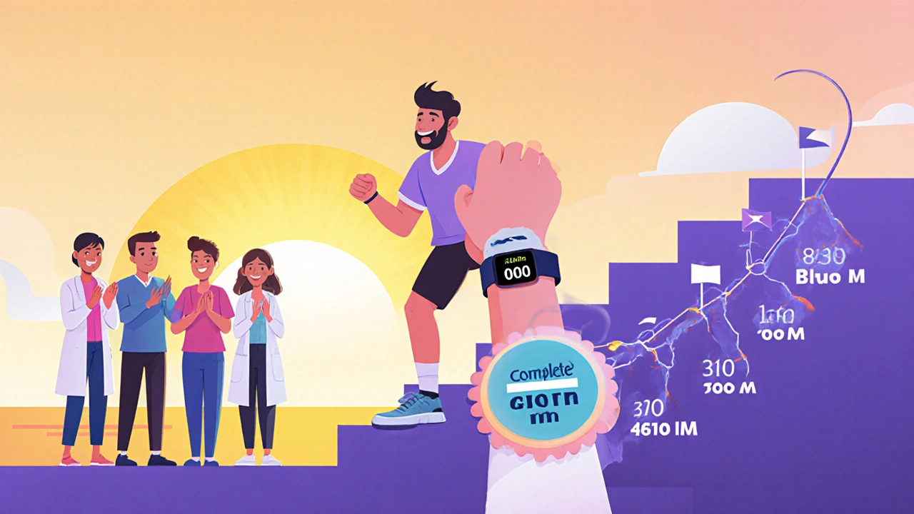 Paciente subiendo escaleras feliz con smartwatch, línea de tiempo de logros y familia aplaudiendo.