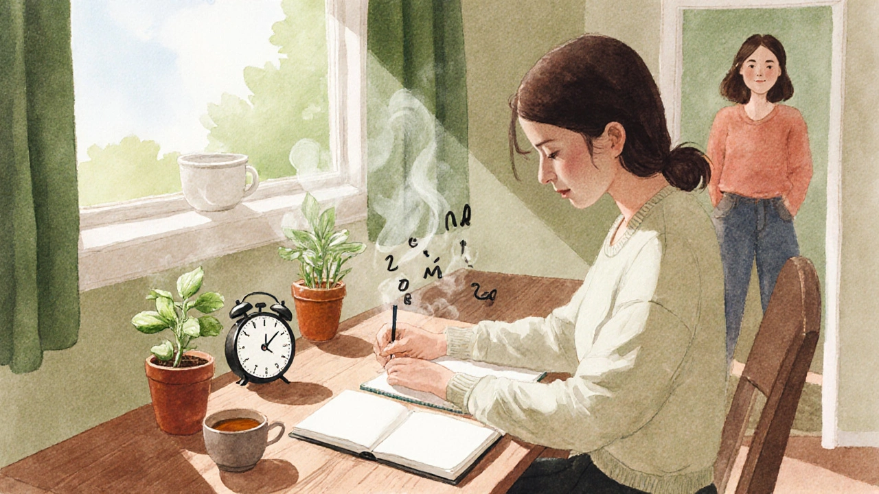 Persona escribiendo en un diario junto a una planta, reloj y taza de té, con un amigo brindando apoyo.