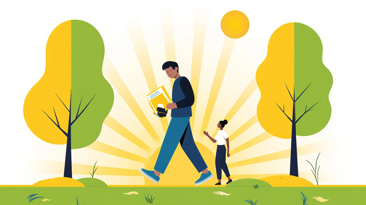 Persona feliz en el parque tras terminar el proceso de reducción, con terapeuta.