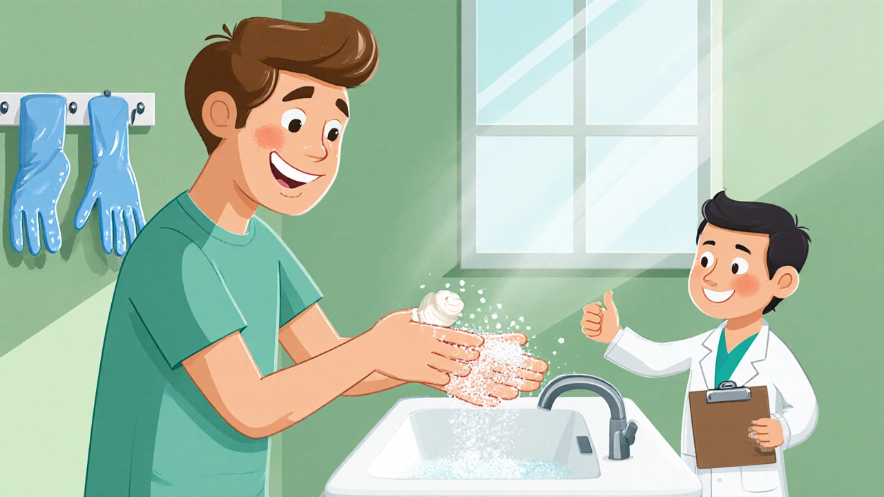 Persona lavándose las manos, aplicando crema y recibiendo apoyo del dermatólogo.
