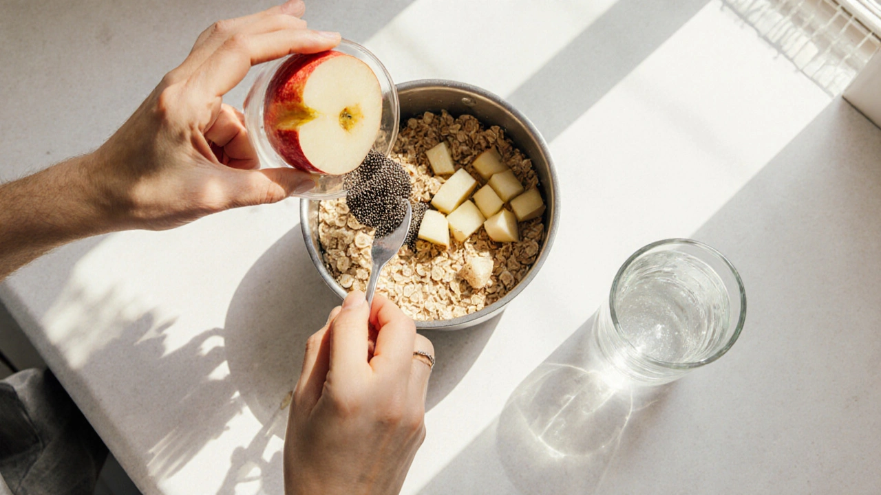 Persona preparando un desayuno rico en fibra y mezclando psyllium en agua bajo luz natural.