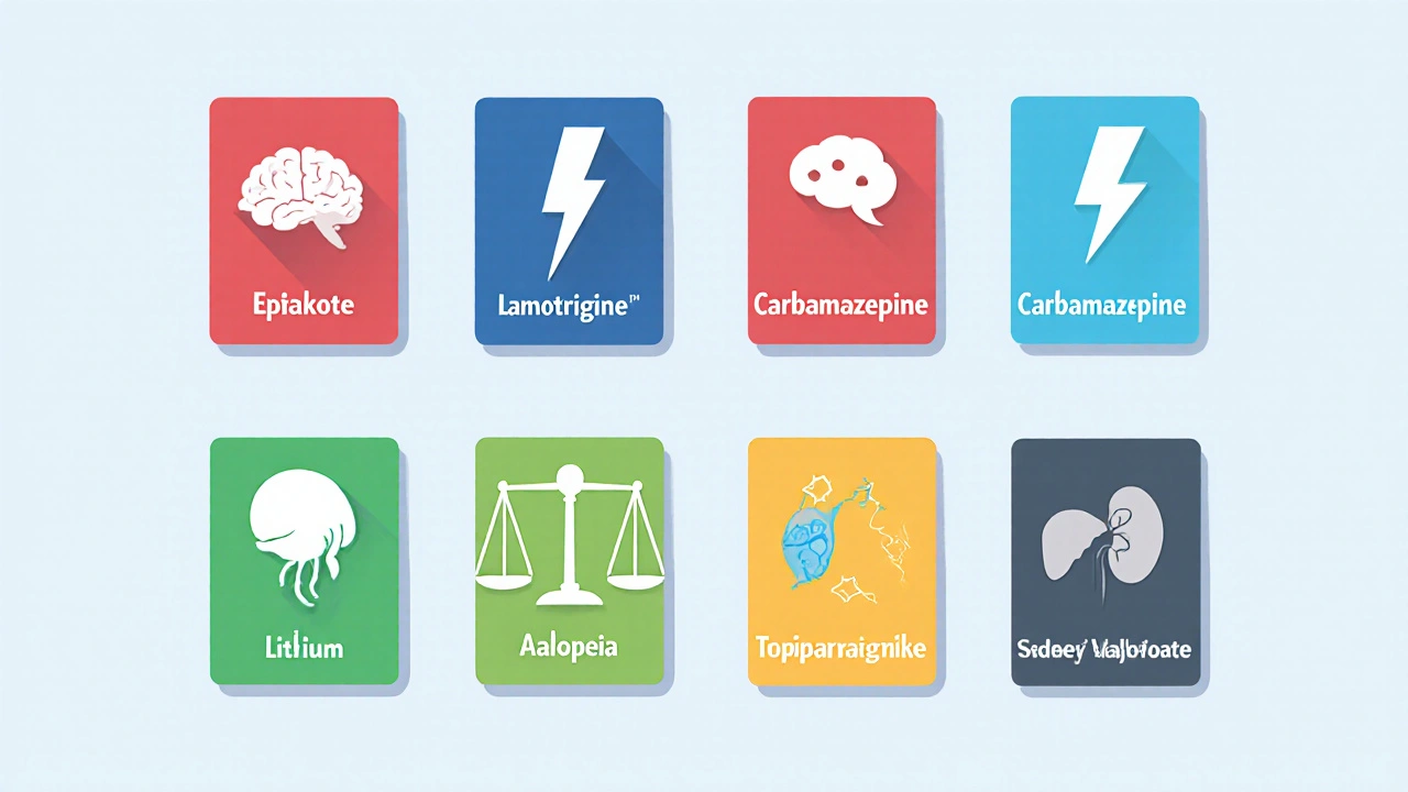 Seis tarjetas coloridas con íconos que representan distintos medicamentos, sus usos y efectos secundarios.