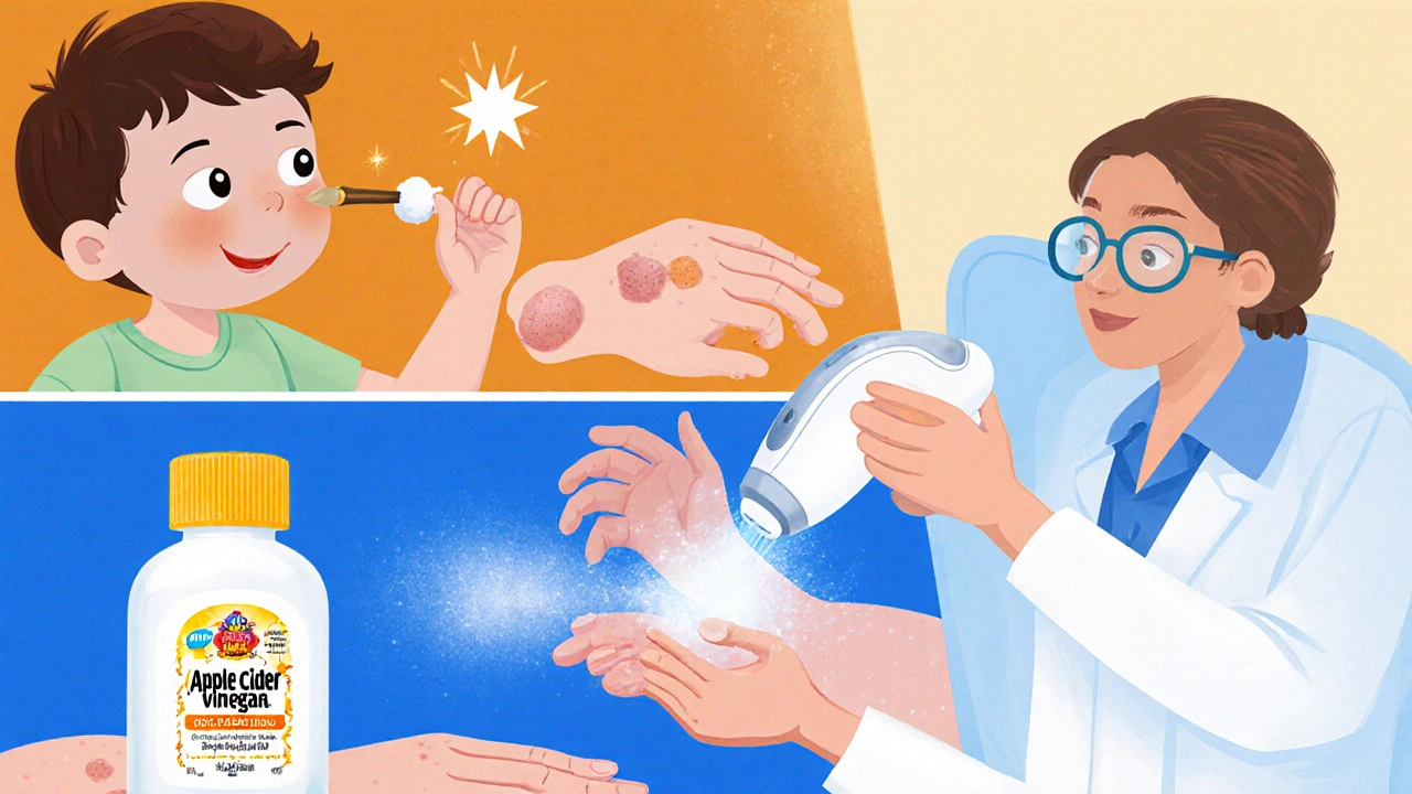 Tres paneles mostrando vinagre, gel OTC y crioterapia en una verruga.