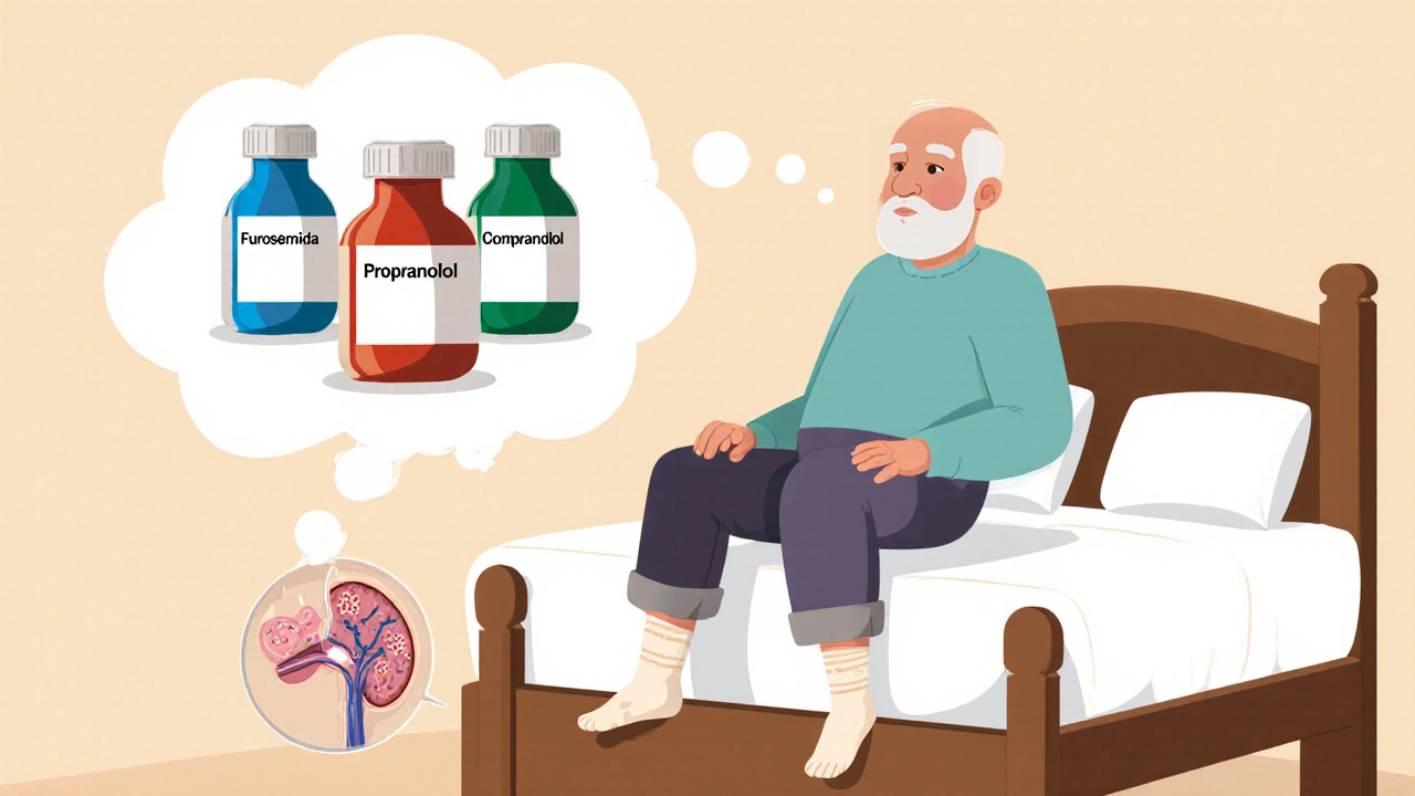 Adulto mayor levantándose lentamente de la cama con medias de compresión y botellas de medicamentos en su mente.