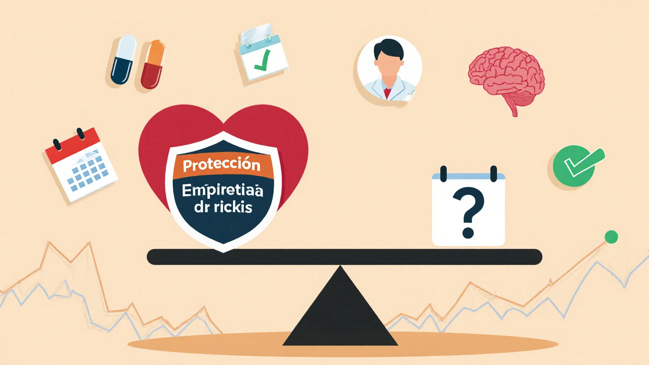 Balanza entre protección cardíaca y dudas cognitivas, con símbolos médicos y gráfico.