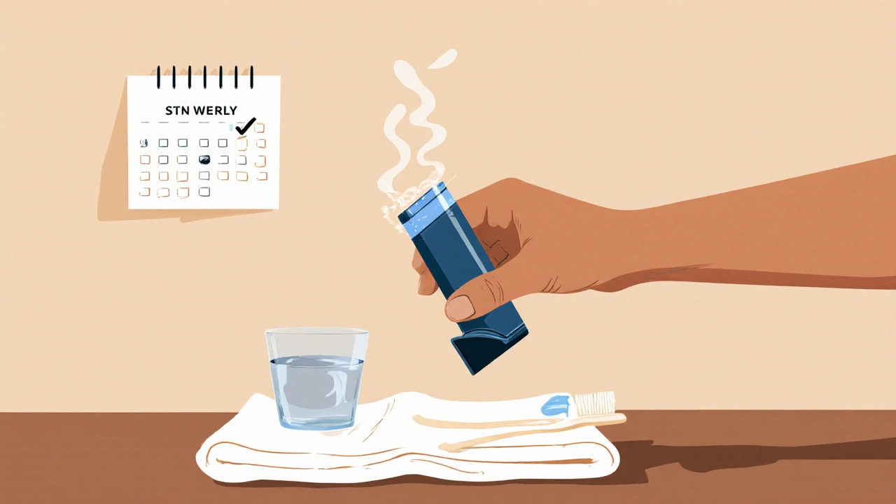 Boquilla de inhalador secando boca abajo sobre un paño limpio, con rutina semanal.