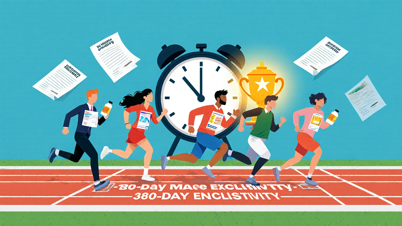 Cinco empresas de genéricos compiten por 180 días de exclusividad de mercado en una carrera ilustrada.