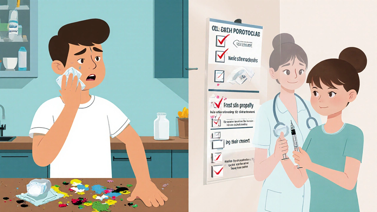 Comparación entre inyección errónea y técnica correcta con guía profesional.