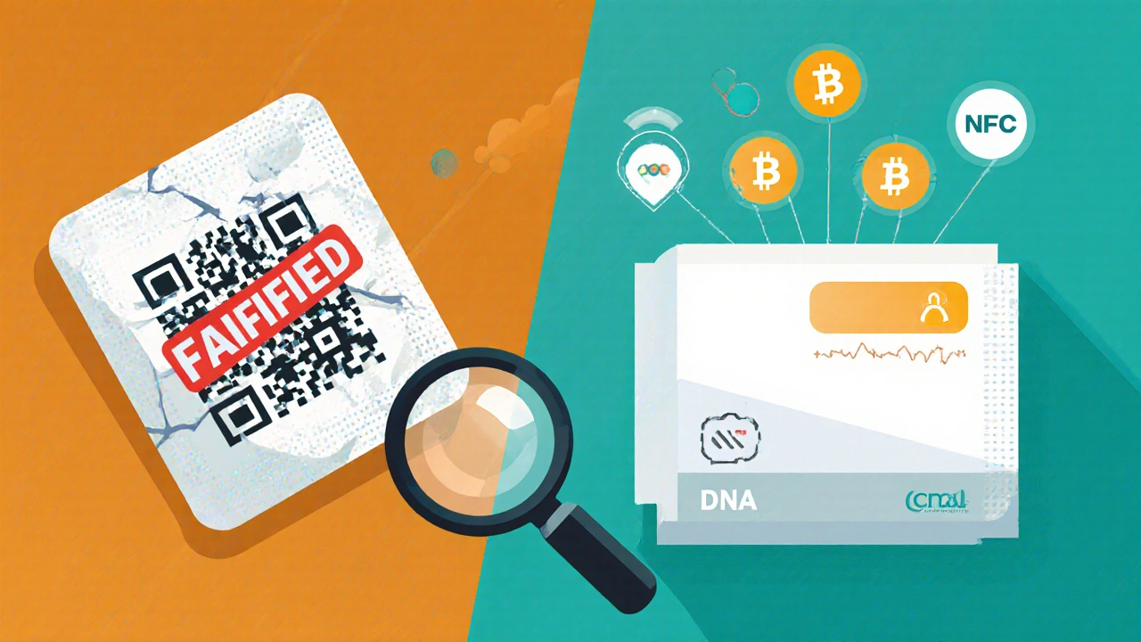 Comparación entre medicamento falso y auténtico con tecnologías de seguridad.