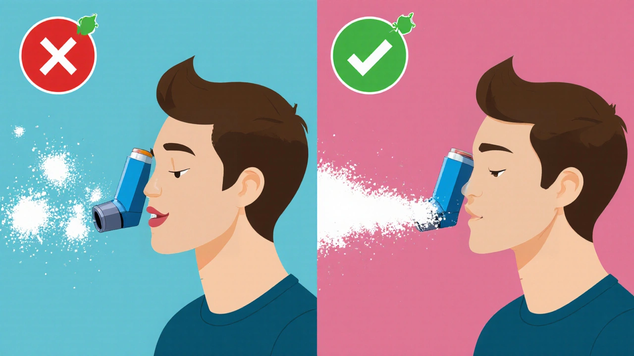 Comparación visual: inhalación incorrecta con polvo seco (izquierda) vs. correcta (derecha) hacia los pulmones.
