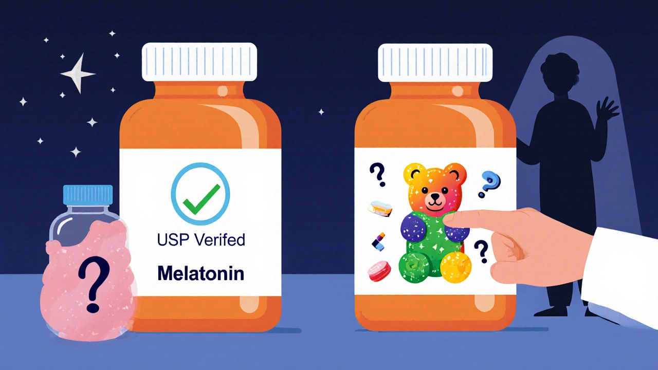 Dos botellas de melatonina comparadas: una segura y certificada, otra con ingredientes ocultos y forma de gominola.