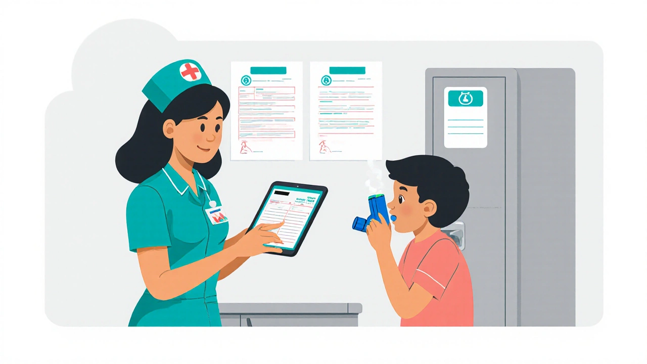 Enfermera registra medicación en tableta mientras niño usa inhalador con espaciador.