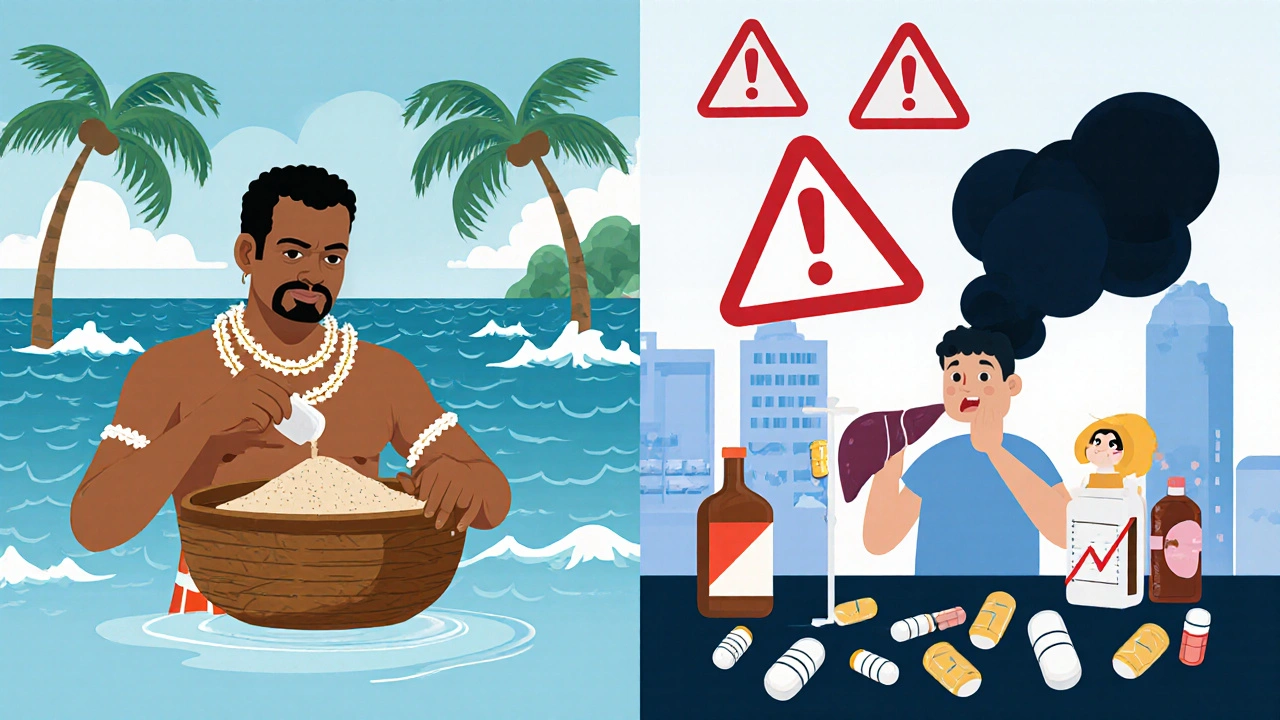 Escena comparativa: preparación tradicional de kava vs. consumo riesgoso con píldoras y alcohol.