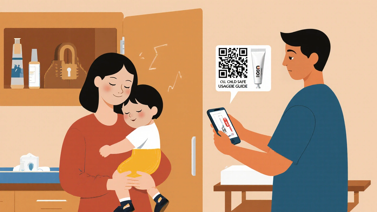 Familia revisa código QR en crema tópica mientras medicamentos están guardados en un armario cerrado.