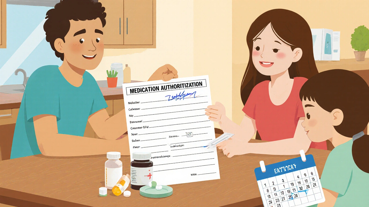 Familia revisa formulario de autorización de medicación en casa con calendario.