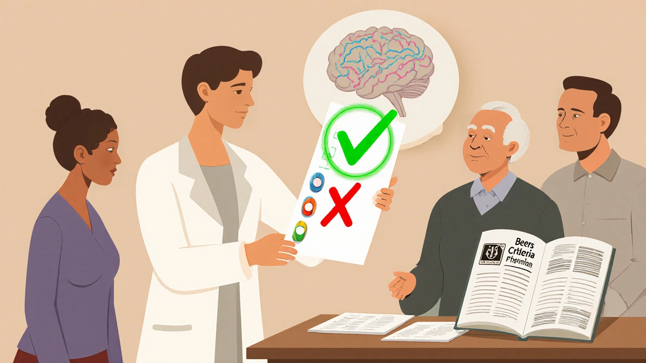 Farmacéutico ayuda a una familia a reducir medicamentos, con una lista limpia y un cerebro despejado al fondo.