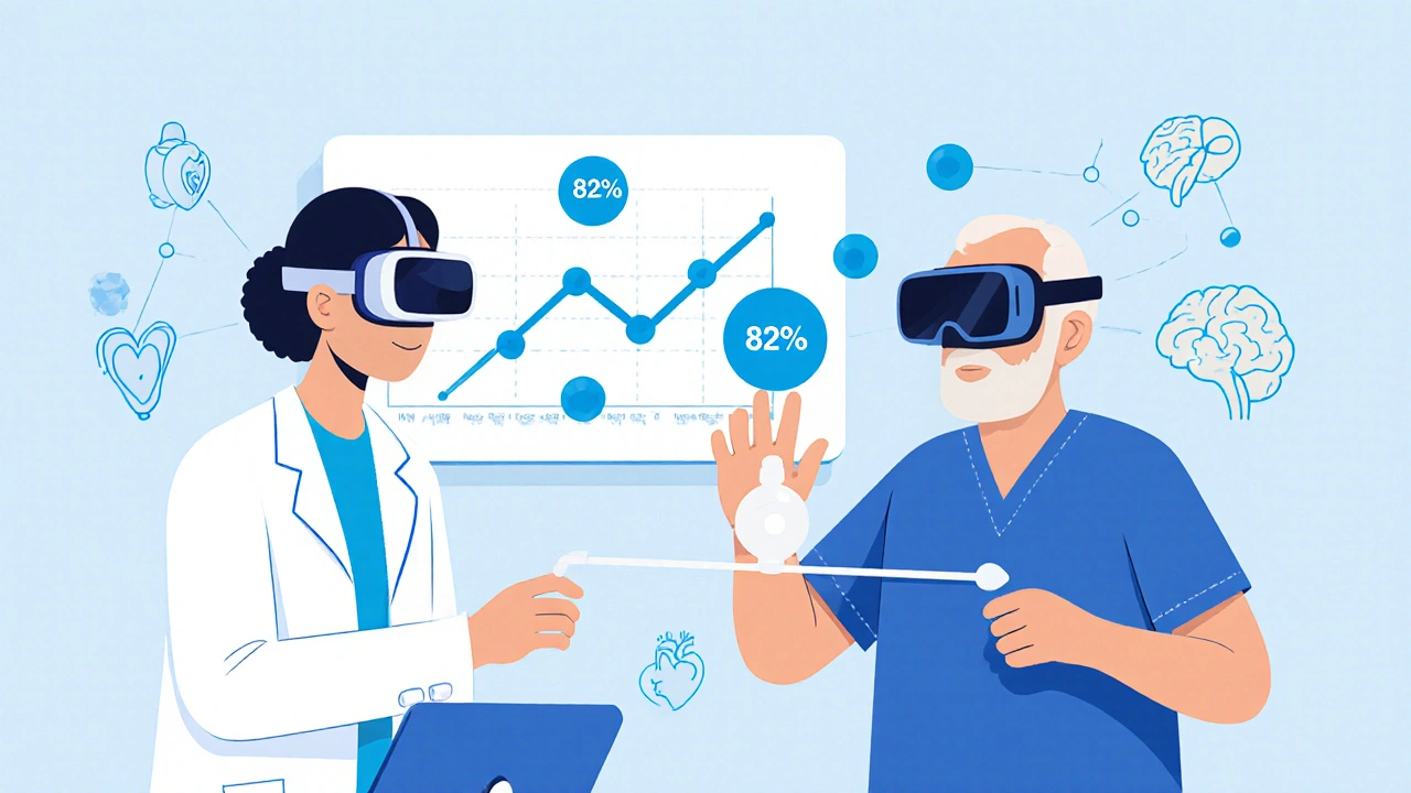 Fisioterapeuta guiando a un paciente mayor en una sesión de realidad virtual para mejorar el equilibrio.