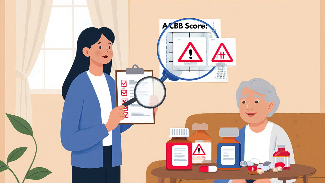 Hijo revisa medicamentos de su padre con una lupa que destaca advertencias en frascos peligrosos.