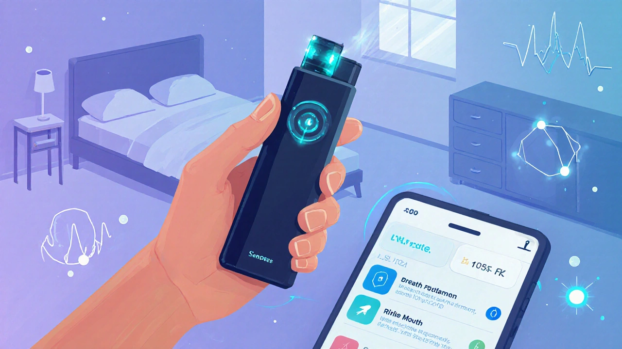 Inhalador inteligente con sensor que envía datos a un teléfono, mostrando patrón de respiración y recordatorios.