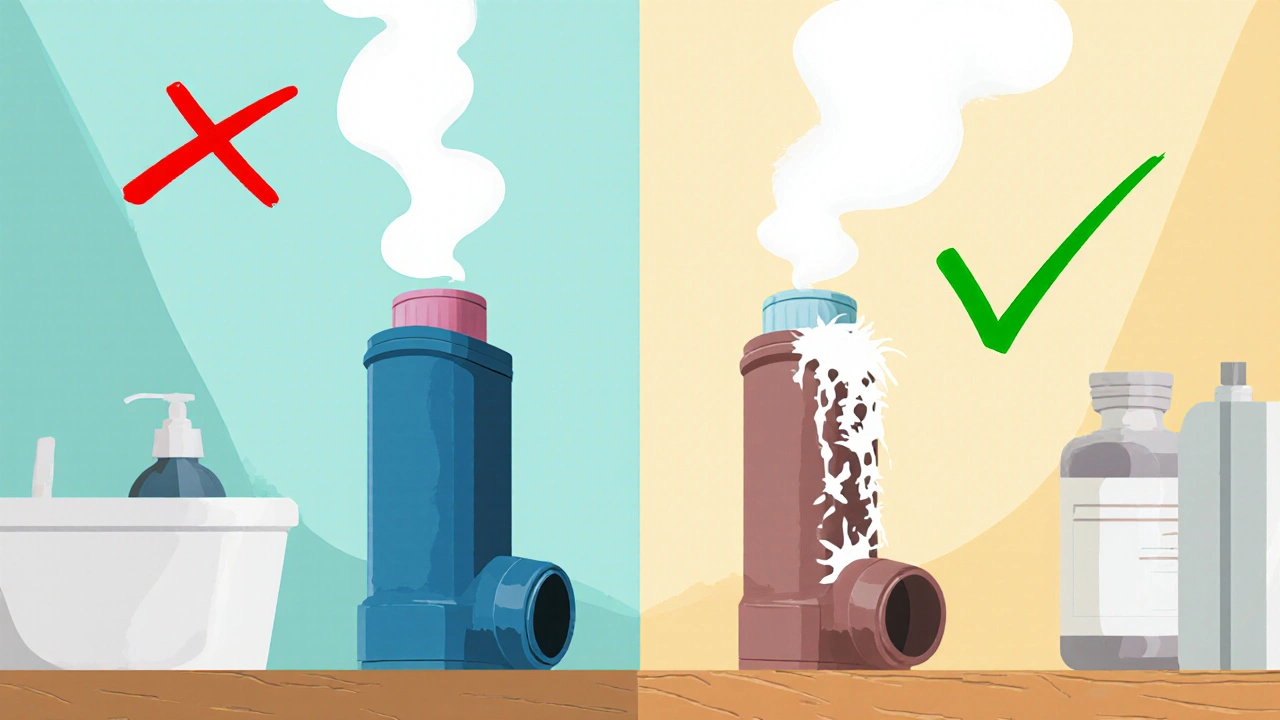 Inhalador limpio emitiendo niebla fina frente a uno obstruido con residuos blancos.