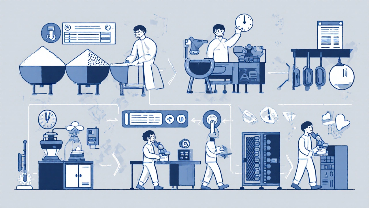 Línea de producción de pastillas genéricas en siete etapas claras con trabajadores y equipos.